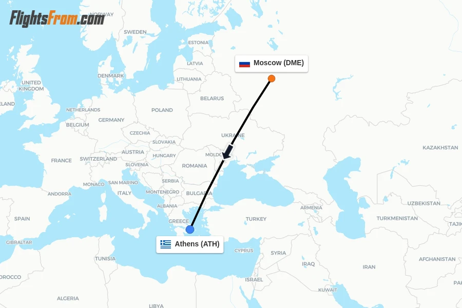 Flights from Moscow to Athens route map
