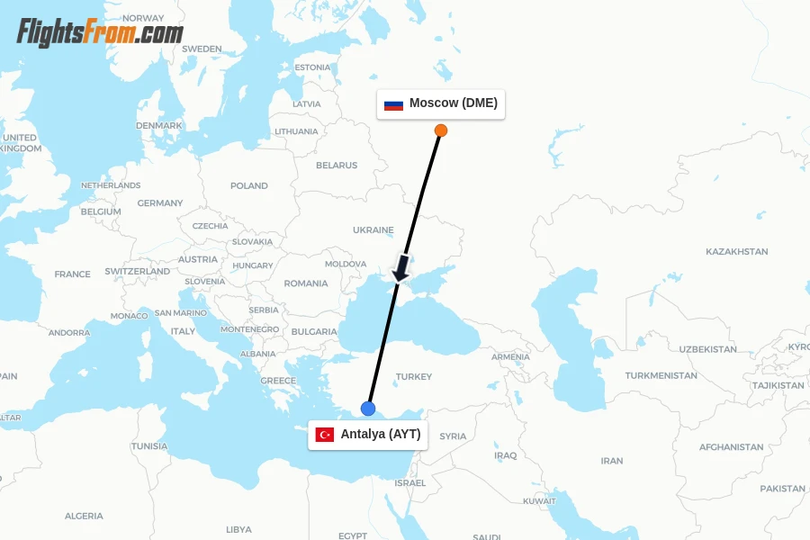 Flights from Moscow to Antalya route map