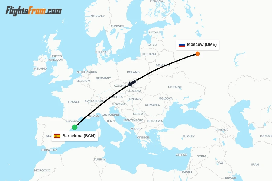 Flights from Moscow to Barcelona route map