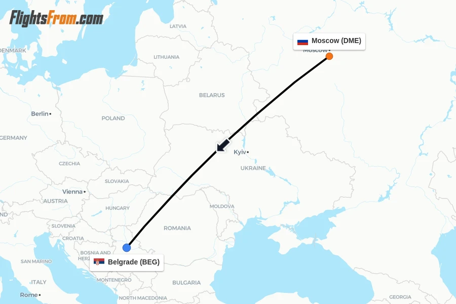 Flights from Moscow to Belgrade route map