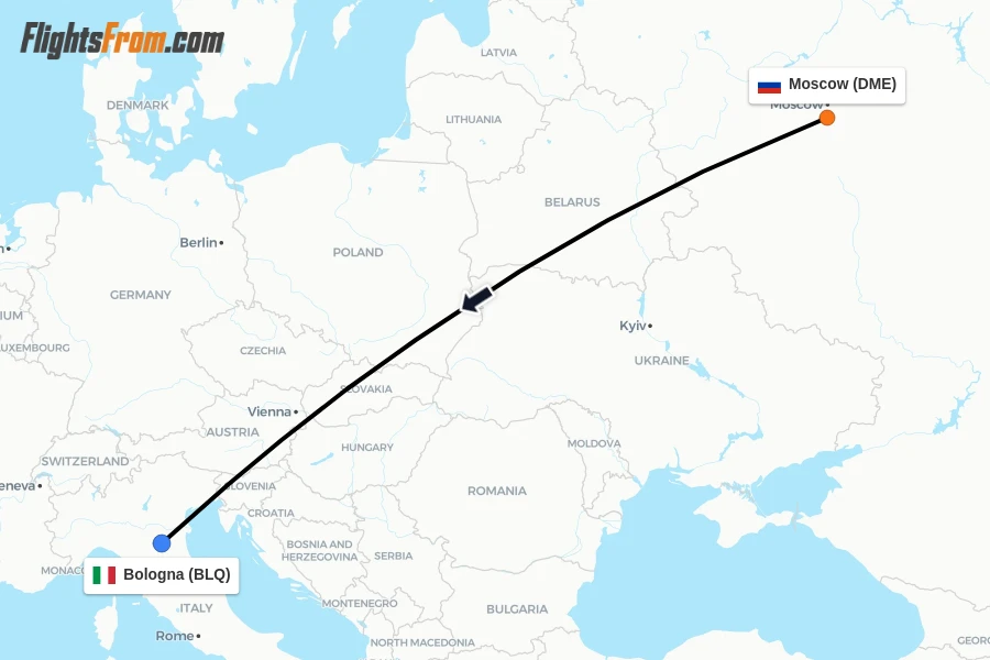 Flights from Moscow to Bologna route map