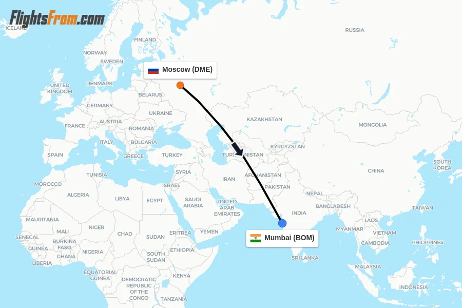 Flights from Moscow to Mumbai route map