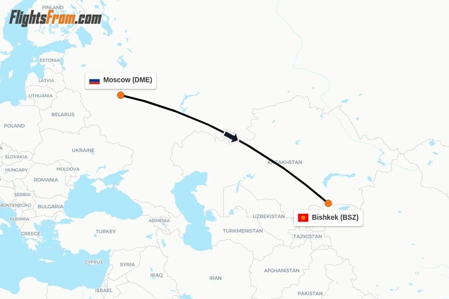 Flights from Moscow to Bishkek route map
