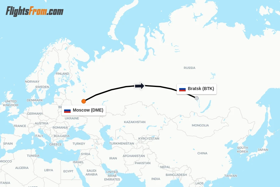 Flights from Moscow to Bratsk route map