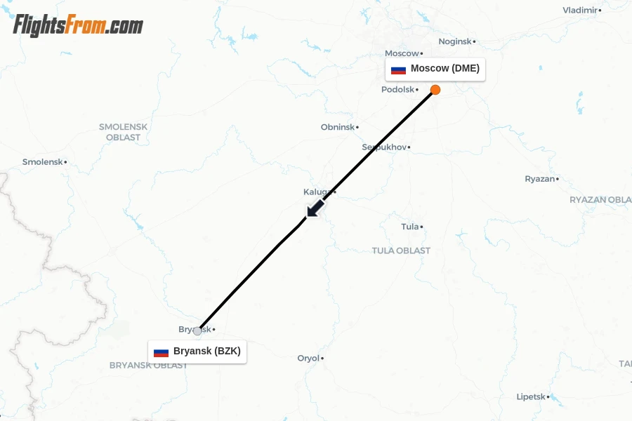 Flights from Moscow to Bryansk route map
