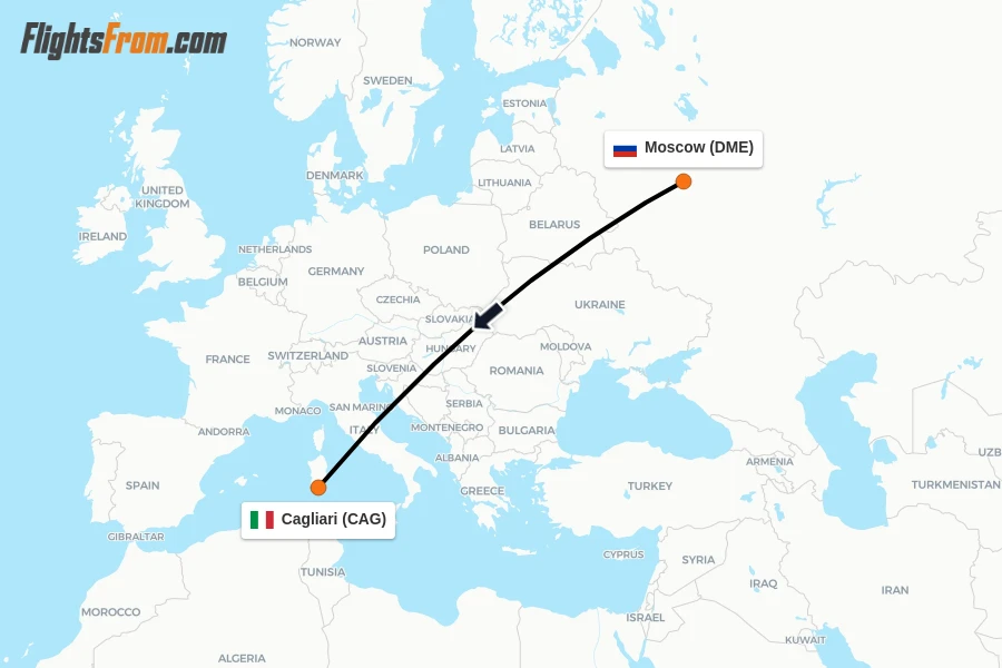Flights from Moscow to Cagliari route map