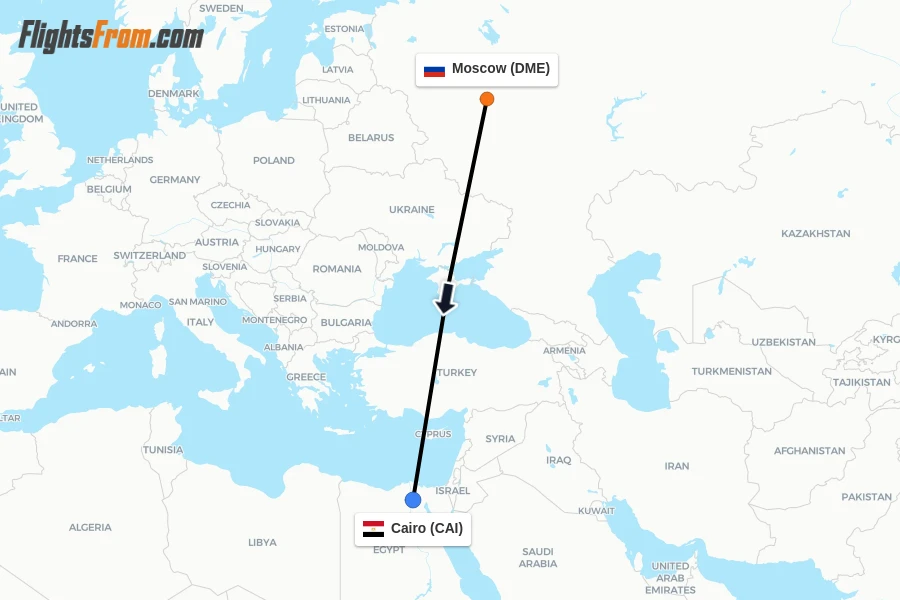 Flights from Moscow to Cairo route map