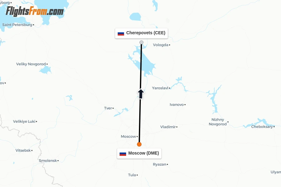 Flights from Moscow to Cherepovets route map