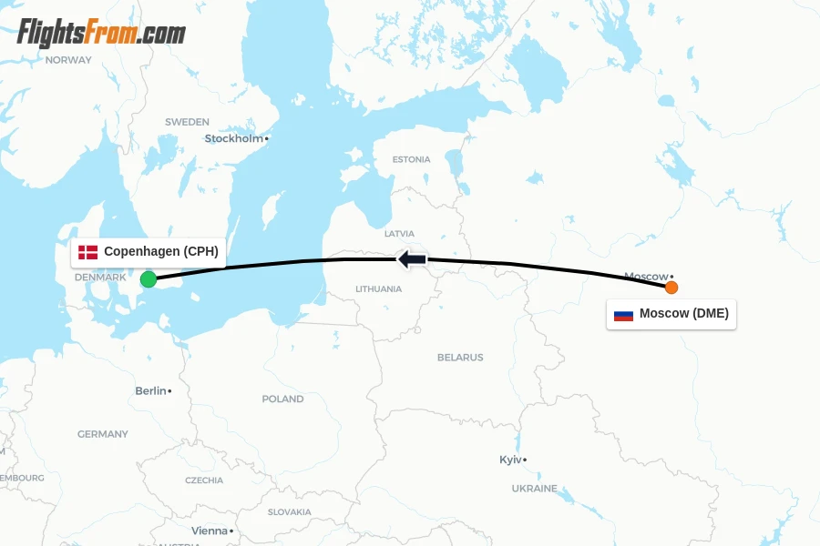 Flights from Moscow to Copenhagen route map