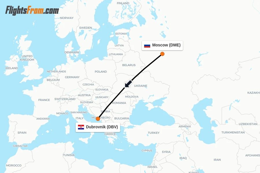 Flights from Moscow to Dubrovnik route map