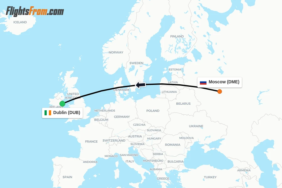 Flights from Moscow to Dublin route map