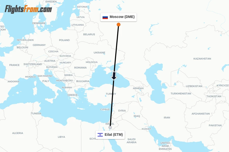 Flights from Moscow to Eilat route map