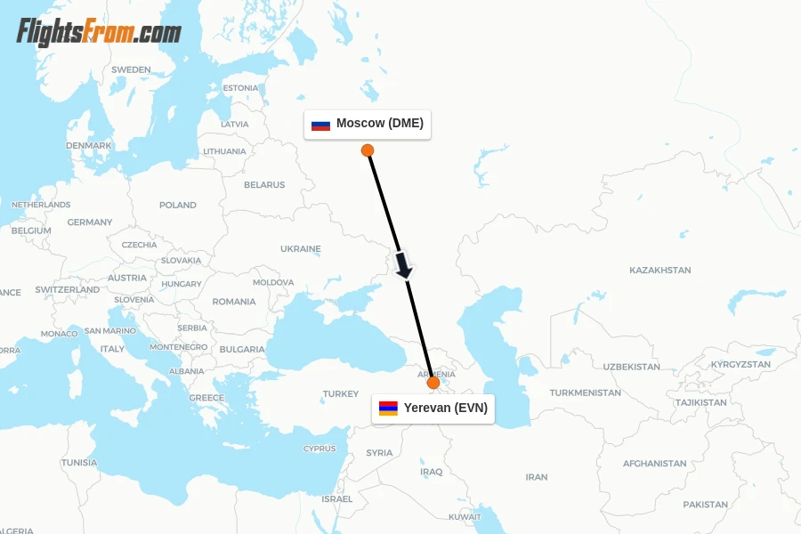 Flights from Moscow to Yerevan route map