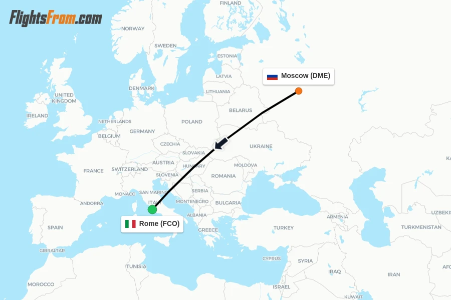 Flights from Moscow to Rome route map