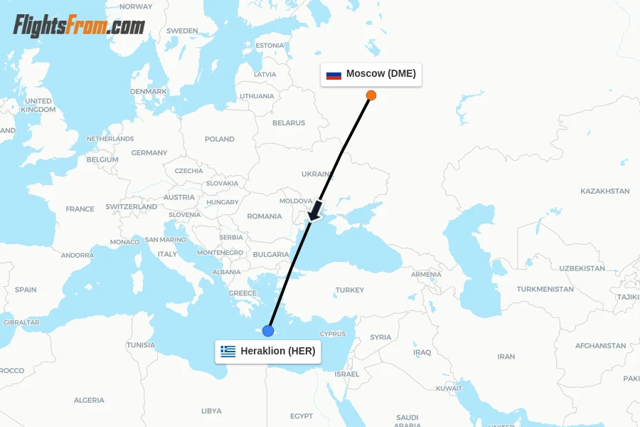 Flights from Moscow to Heraklion route map