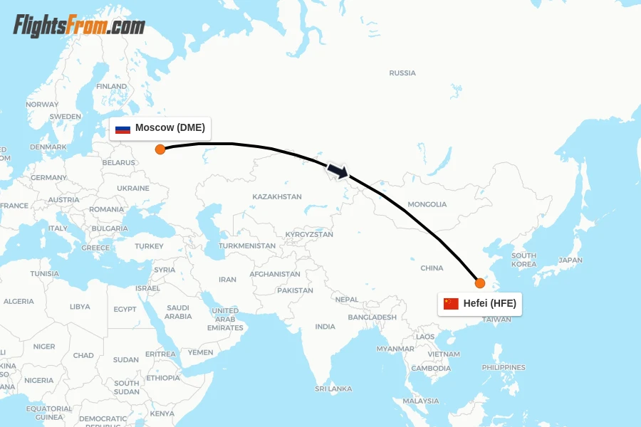 Flights from Moscow to Hefei route map