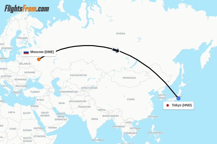 Flights from Moscow to Tokyo route map