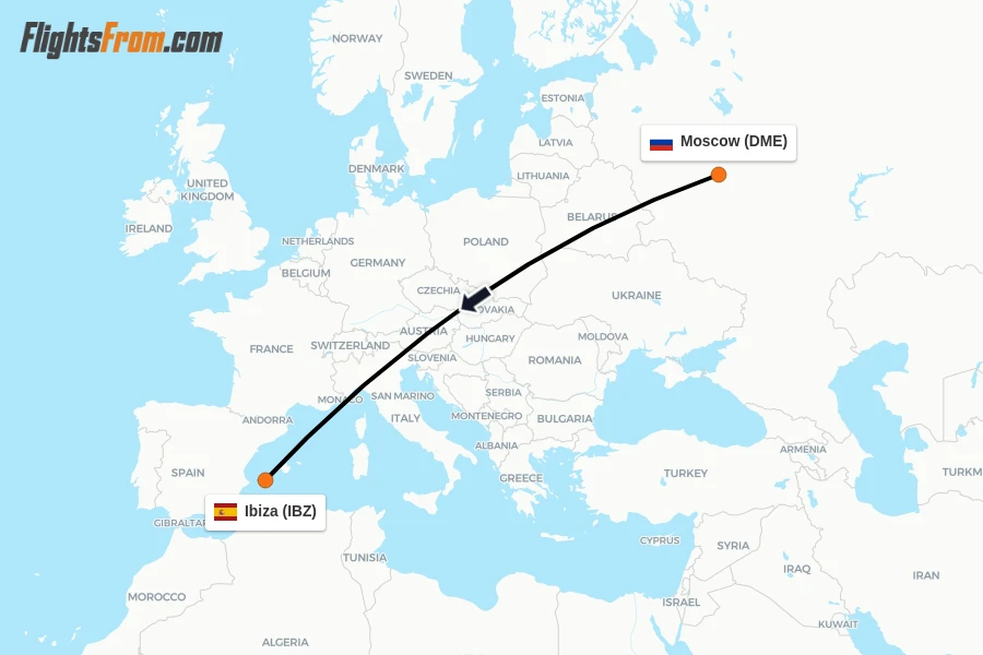 Flights from Moscow to Ibiza route map
