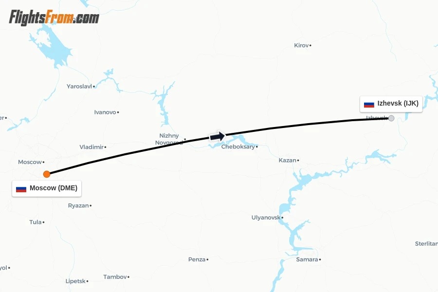 Flights from Moscow to Izhevsk route map