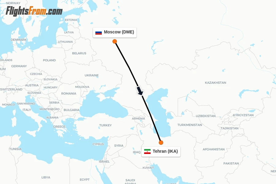Flights from Moscow to Tehran route map