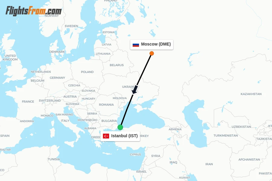 Flights from Moscow to Istanbul route map