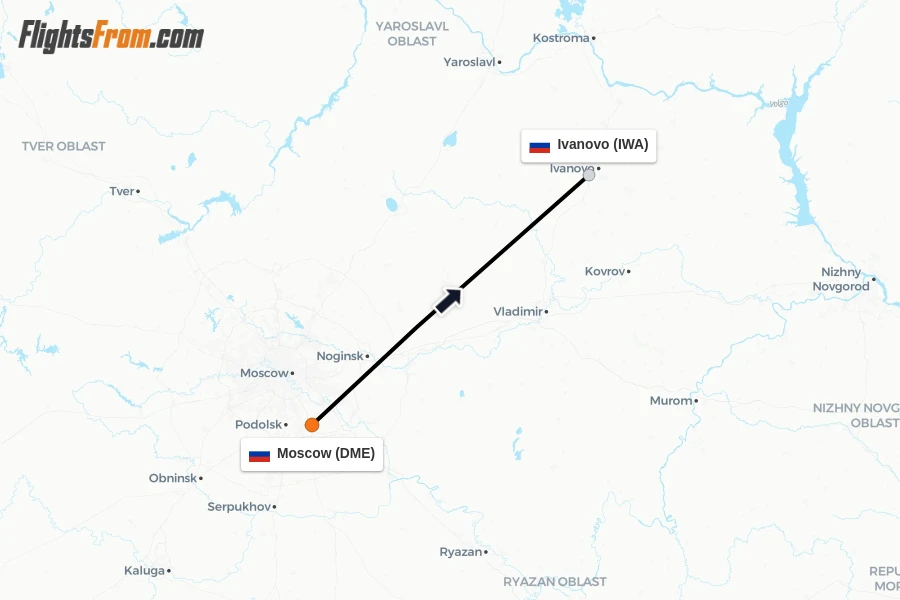 Flights from Moscow to Ivanovo route map