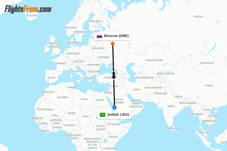 Flights from Moscow to Jeddah route map