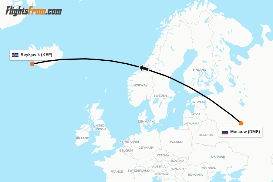 Flights from Moscow to Reykjavik route map