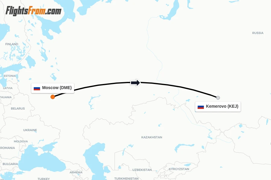 Flights from Moscow to Kemerovo route map