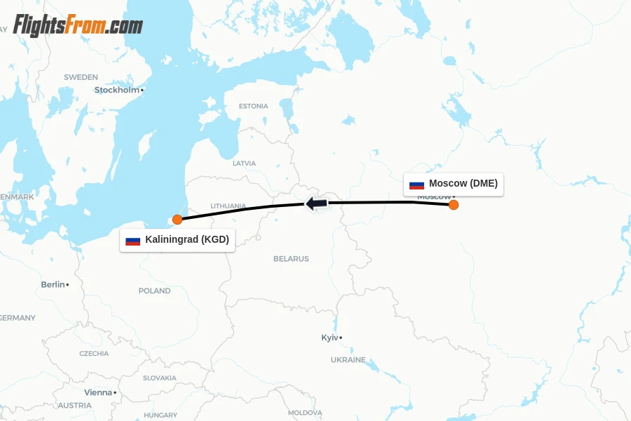 Flights from Moscow to Kaliningrad route map