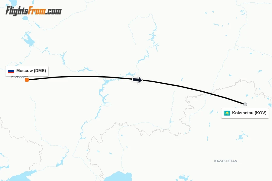 Flights from Moscow to Kokshetau route map