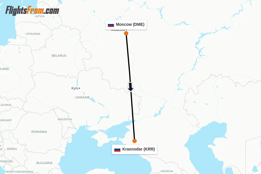 Flights from Moscow to Krasnodar route map