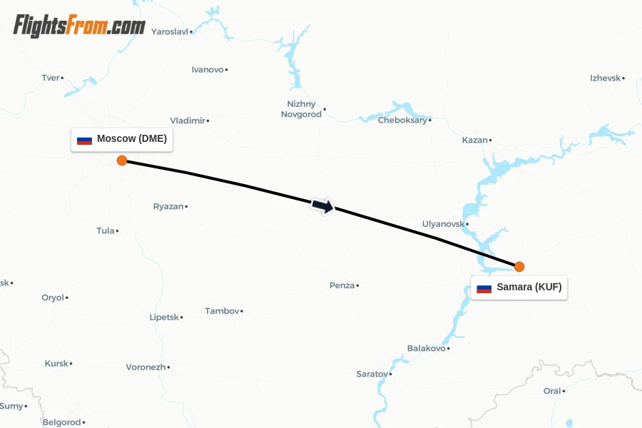 Flights from Moscow to Samara route map