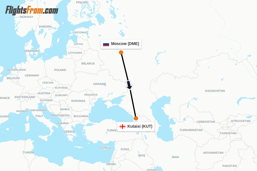 Flights from Moscow to Kutaisi route map