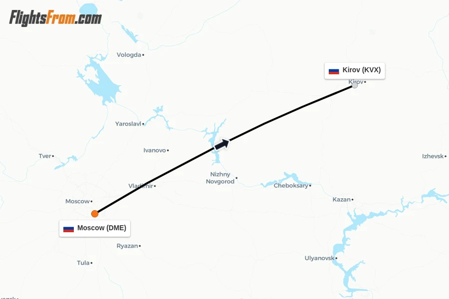 Flights from Moscow to Kirov route map