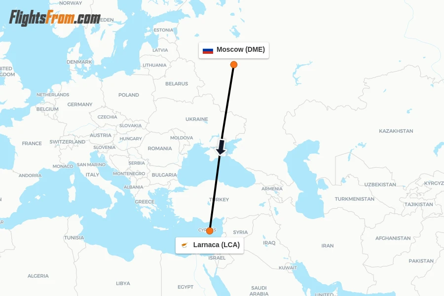 Flights from Moscow to Larnaca route map
