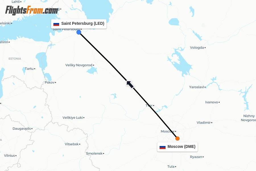 Flights from Moscow to Saint Petersburg route map