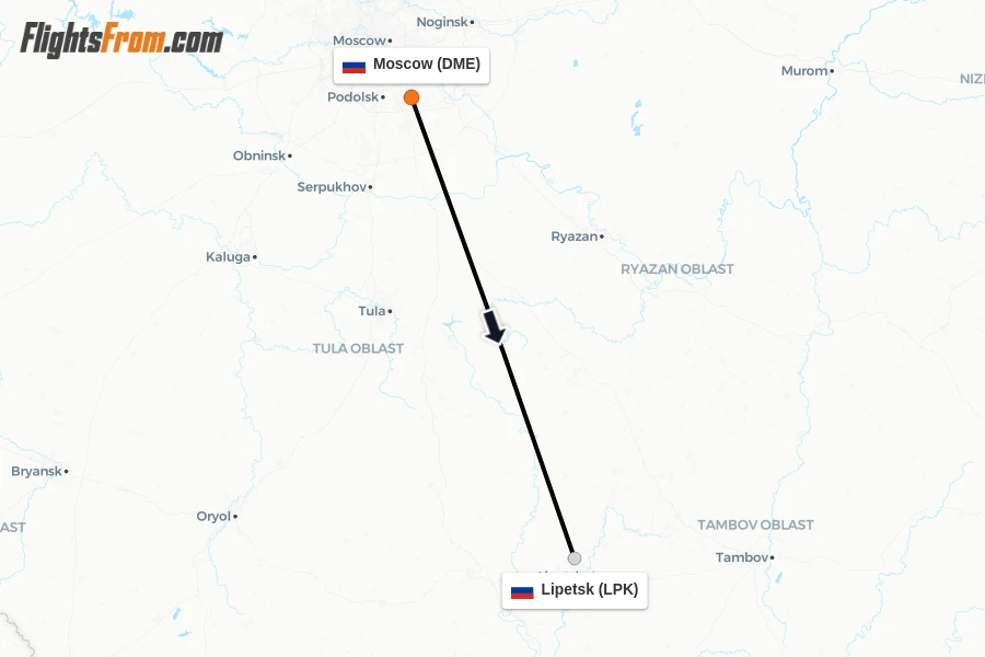 Flights from Moscow to Lipetsk route map