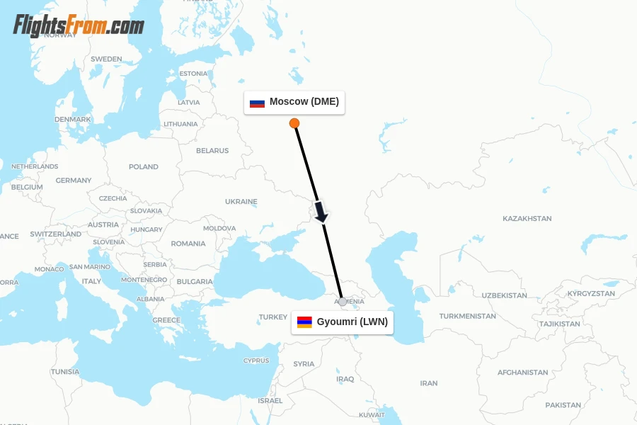 Flights from Moscow to Gyoumri route map