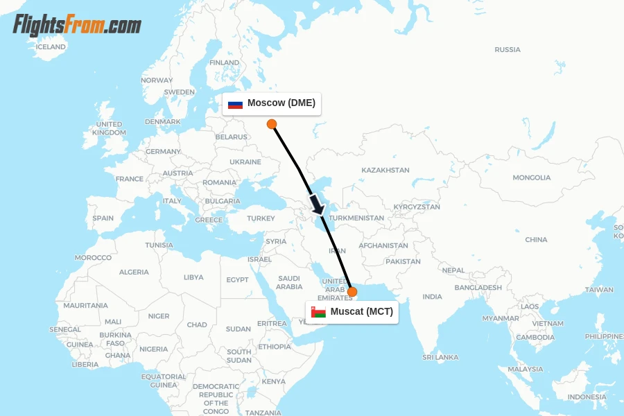 Flights from Moscow to Muscat route map