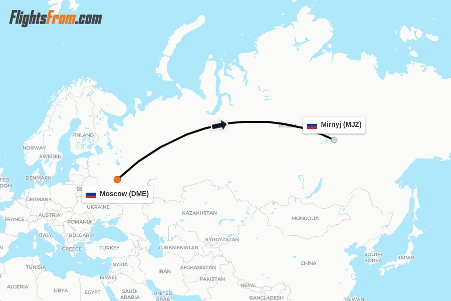 Flights from Moscow to Mirnyj route map