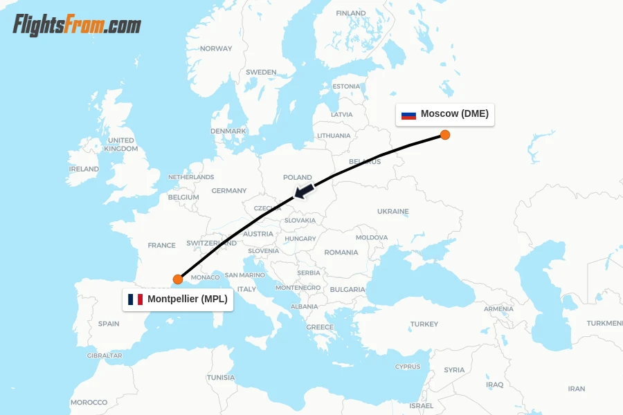 Flights from Moscow to Montpellier route map