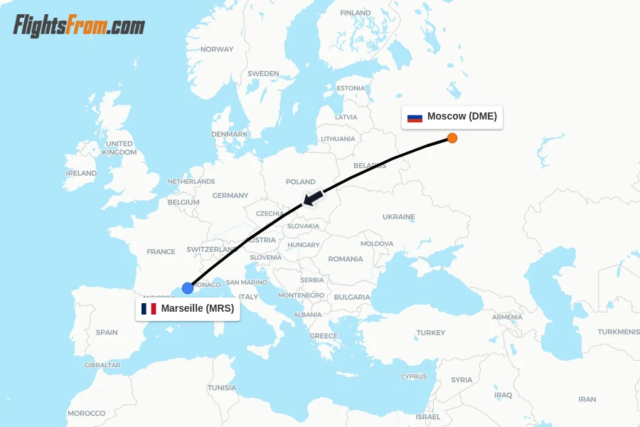Flights from Moscow to Marseille route map