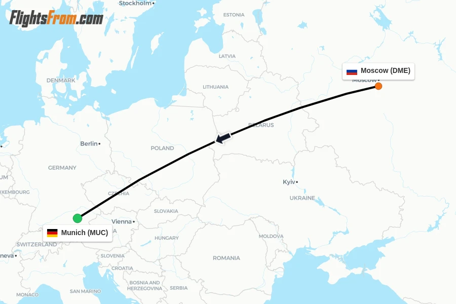 Flights from Moscow to Munich route map
