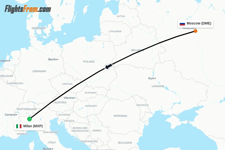 Flights from Moscow to Milan route map