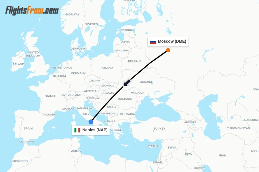 Flights from Moscow to Naples route map