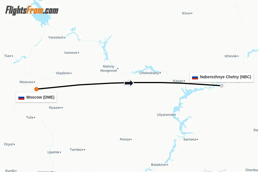 Flights from Moscow to Naberezhnye Chelny route map