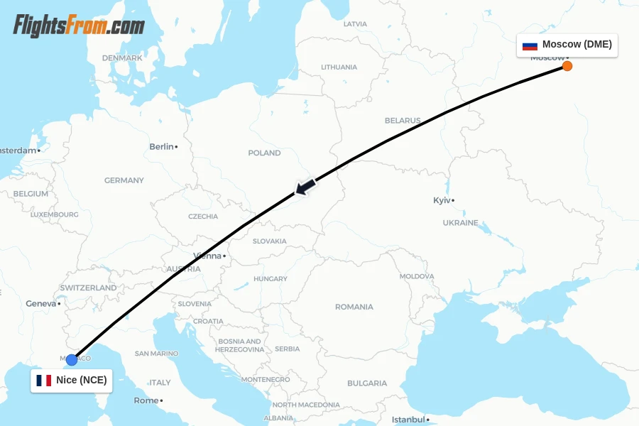 Flights from Moscow to Nice route map