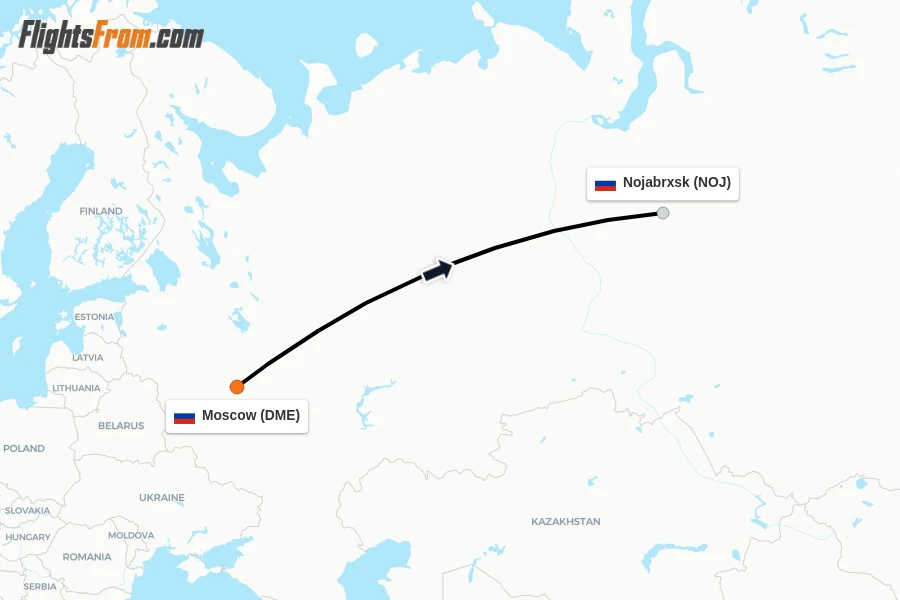 Flights from Moscow to Nojabrxsk route map