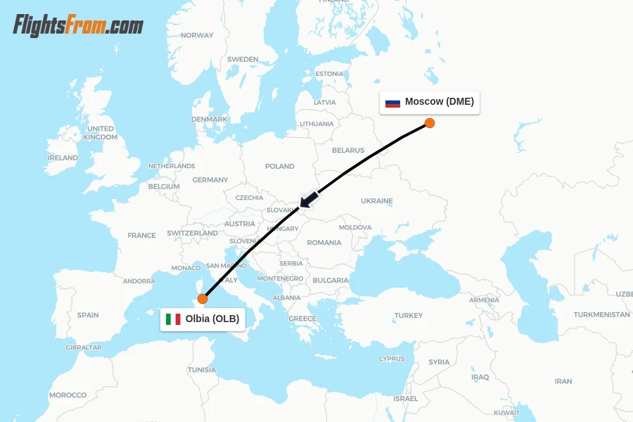 Flights from Moscow to Olbia route map